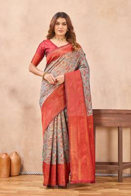 Turquoise red silk blend banarasi saree with unstitched blouse piece 3