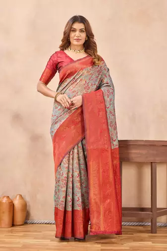 Turquoise red silk blend banarasi saree with unstitched blouse piece