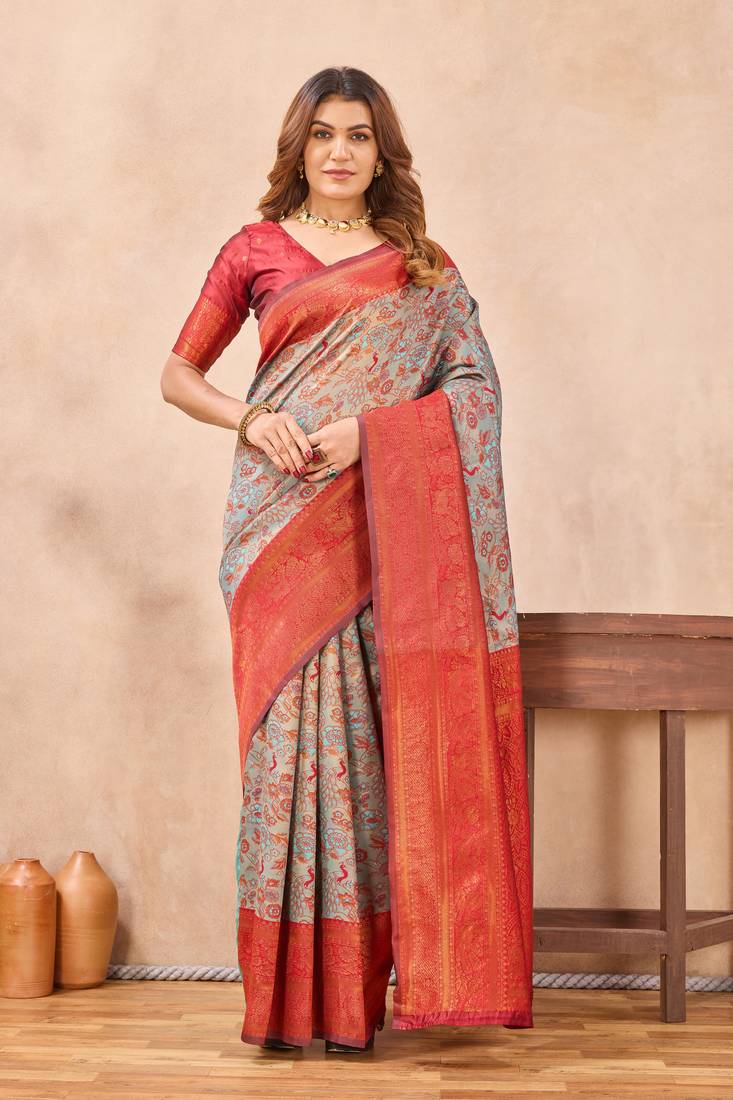 Turquoise red silk blend banarasi saree with unstitched blouse piece