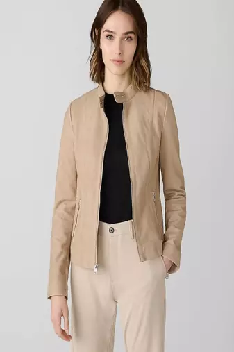 women's beige lambskin leather biker jacket classic moto zip style exclusive