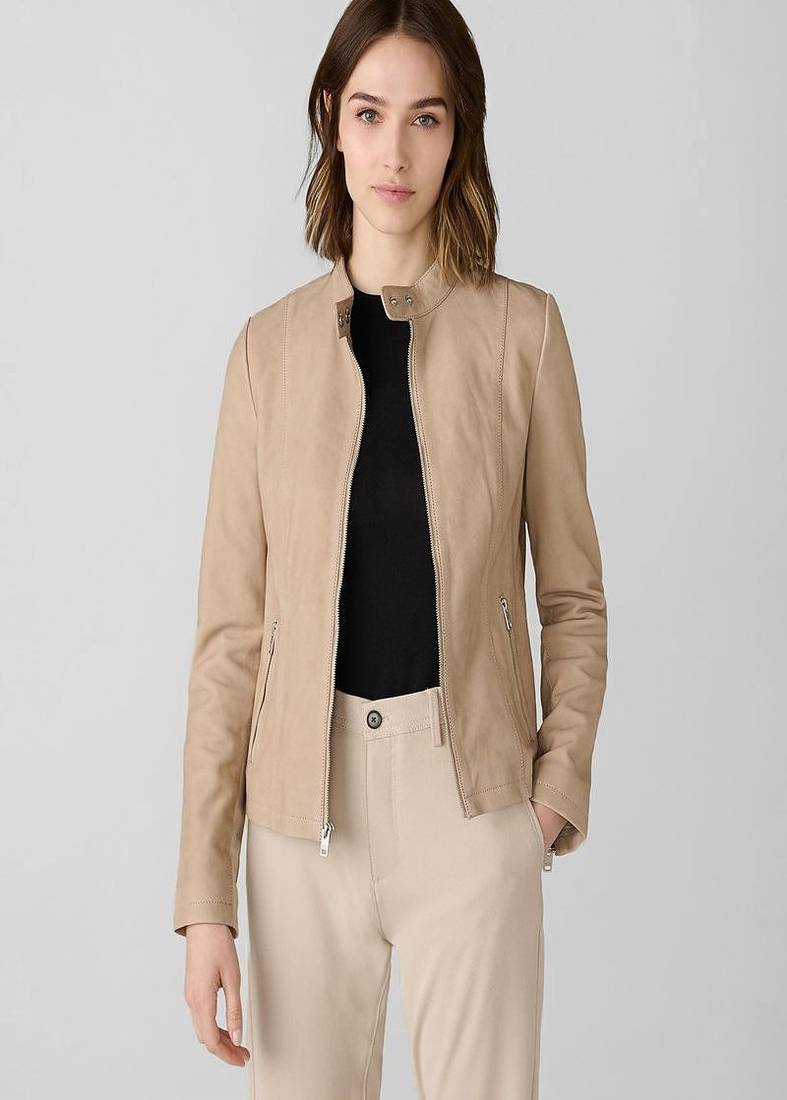 women's beige lambskin leather biker jacket classic moto zip style exclusive