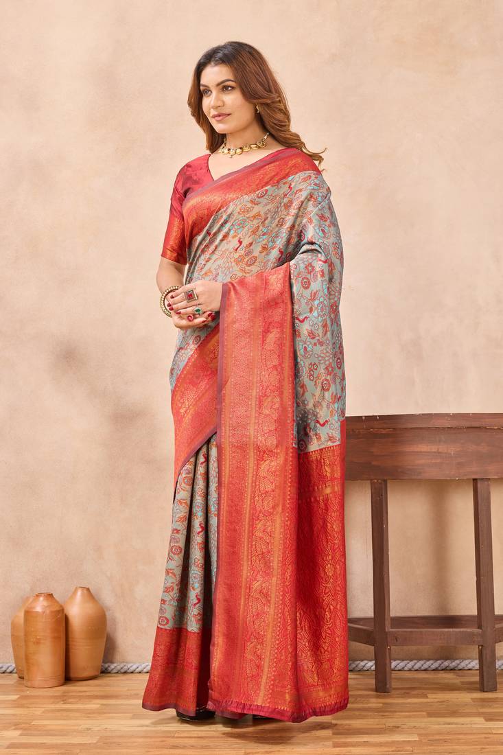 Turquoise red silk blend banarasi saree with unstitched blouse piece