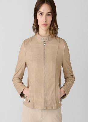 women's beige lambskin leather biker jacket classic moto zip style exclusive 3