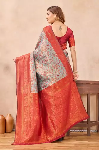 Turquoise red silk blend banarasi saree with unstitched blouse piece