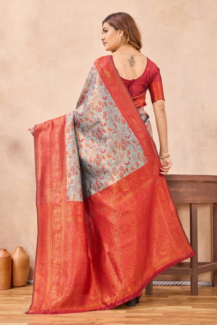 Turquoise red silk blend banarasi saree with unstitched blouse piece