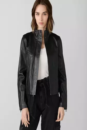 women's black lambskin leather biker jacket classic moto zip style genuine luxury