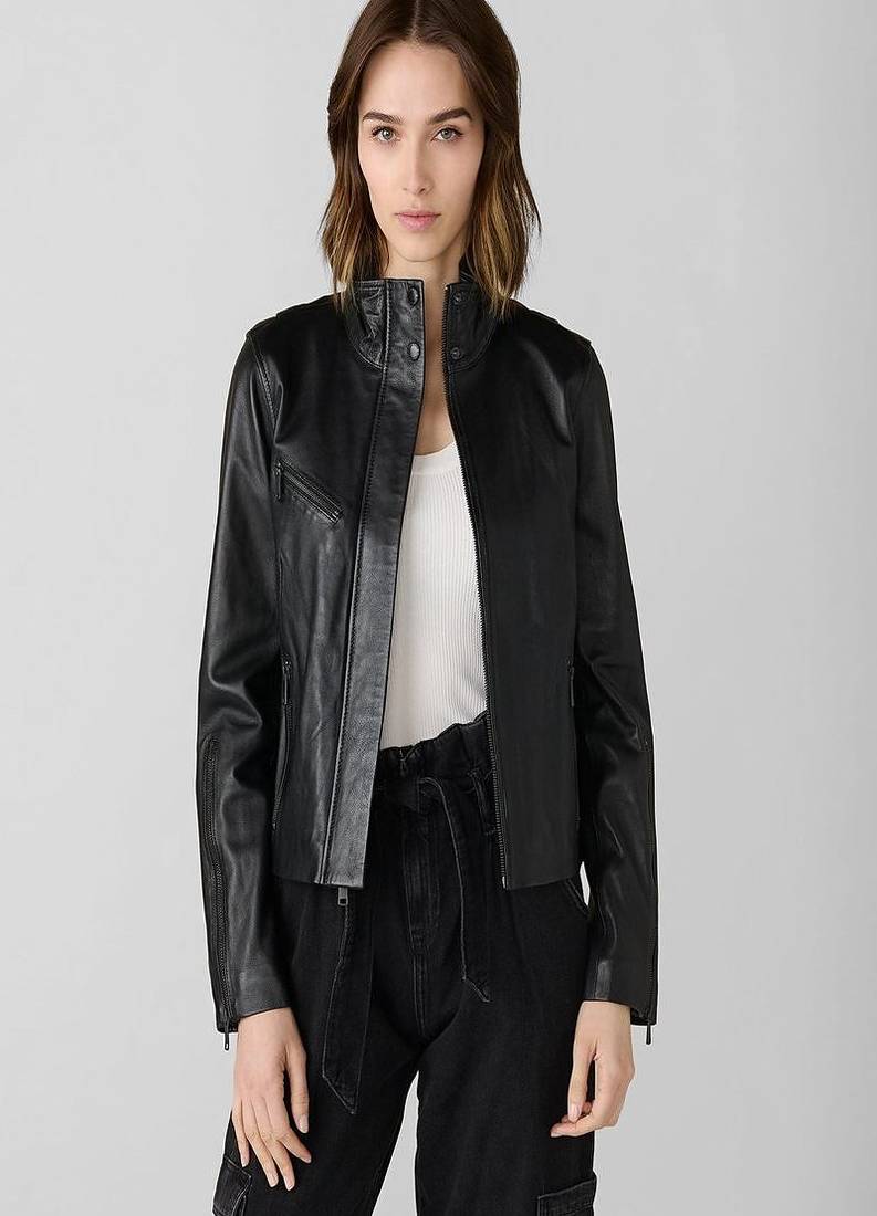 women's black lambskin leather biker jacket classic moto zip style genuine luxury