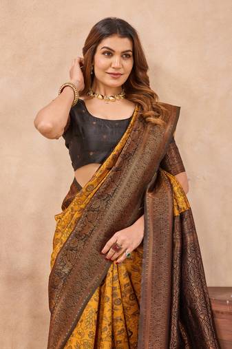 Yellow black silk blend banarasi saree with unstitched blouse piece