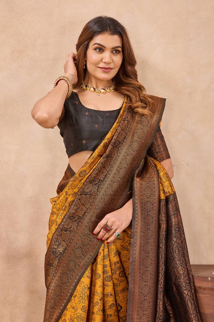 Yellow black soft silk blend banarasi jacuard work designer party wear saree with unstitched blouse piece