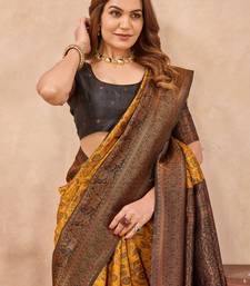 Yellow black silk blend banarasi saree with unstitched blouse piece