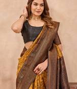 Yellow black silk blend banarasi saree with unstitched blouse piece