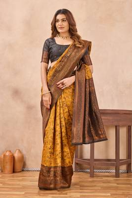 Yellow black silk blend banarasi saree with unstitched blouse piece 2