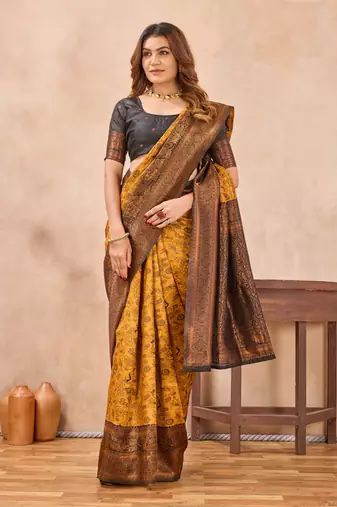 Yellow black silk blend banarasi saree with unstitched blouse piece