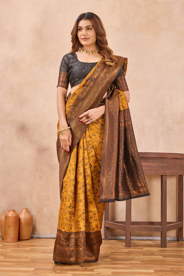 Yellow black silk blend banarasi saree with unstitched blouse piece