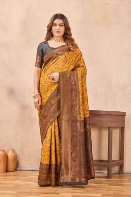 Yellow black silk blend banarasi saree with unstitched blouse piece 3