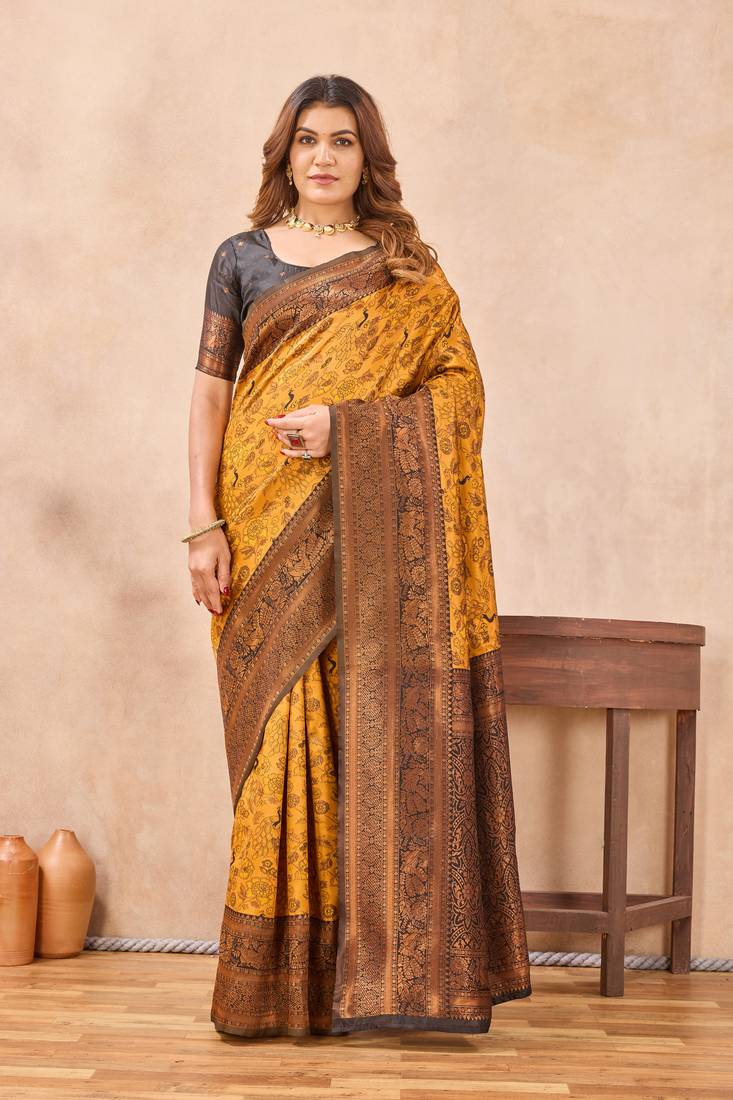Yellow black silk blend banarasi saree with unstitched blouse piece
