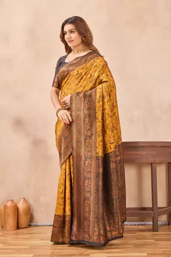 Yellow black silk blend banarasi saree with unstitched blouse piece