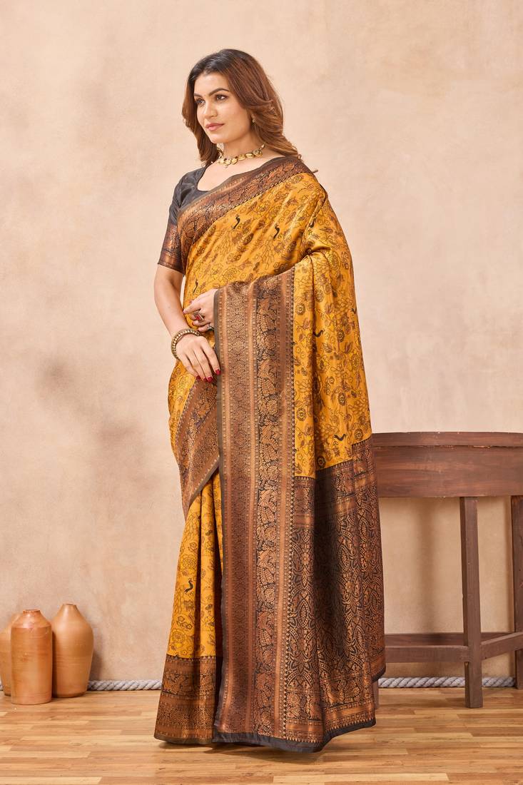Yellow black silk blend banarasi saree with unstitched blouse piece