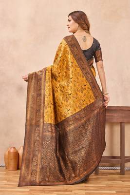 Yellow black silk blend banarasi saree with unstitched blouse piece 5