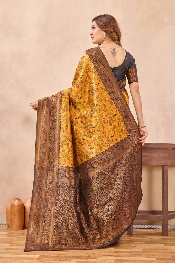 Yellow black silk blend banarasi saree with unstitched blouse piece