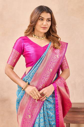 Sky pink soft silk blend banarasi jacuard work designer party wear saree with unstitched blouse piece