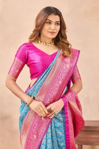 pink silk blend banarasi saree with unstitched blouse piece