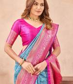 pink silk blend banarasi saree with unstitched blouse piece