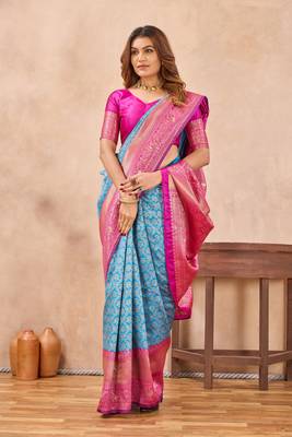 pink silk blend banarasi saree with unstitched blouse piece 2