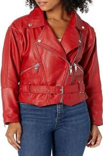 women's red lambskin leather biker jacket adjustable belted waist