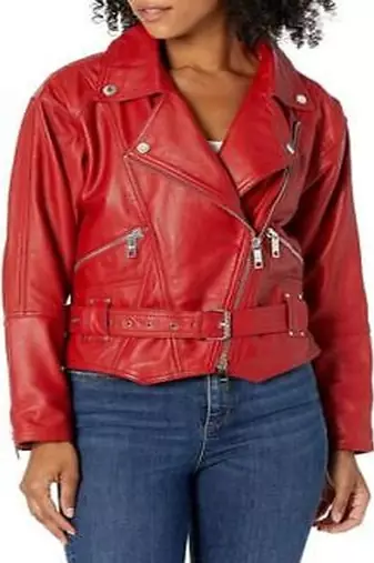 women's red lambskin leather biker jacket adjustable belted waist