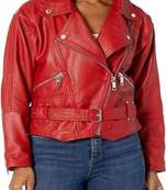 women's red lambskin leather biker jacket adjustable belted waist
