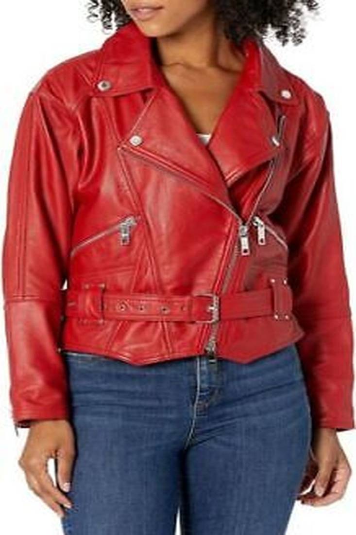 women's red lambskin leather biker jacket adjustable belted waist