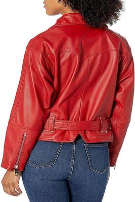 women's red lambskin leather biker jacket adjustable belted waist 2