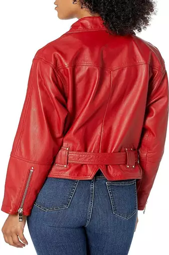 women's red lambskin leather biker jacket adjustable belted waist