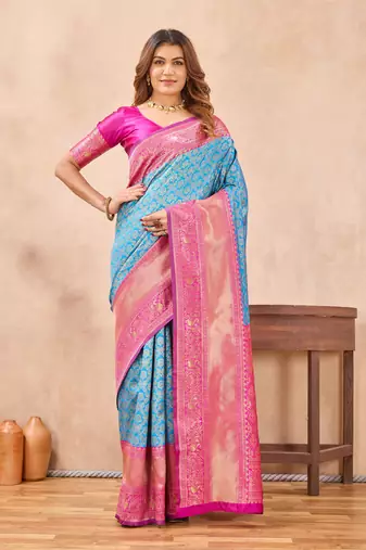 pink silk blend banarasi saree with unstitched blouse piece