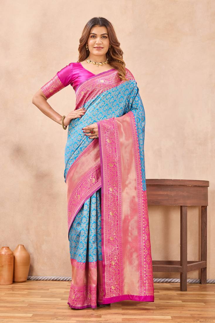 pink silk blend banarasi saree with unstitched blouse piece