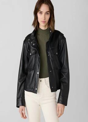 women's black lambskin leather biker jacket snap button front closure 1