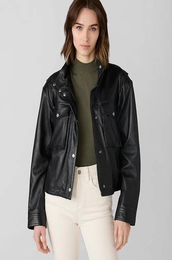 women's black lambskin leather biker jacket snap button front closure