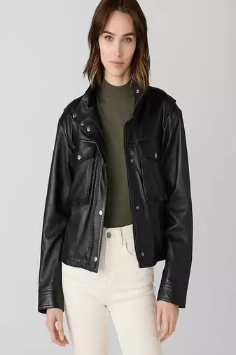 women's black lambskin leather biker jacket snap button front closure