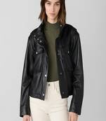 women's black lambskin leather biker jacket snap button front closure