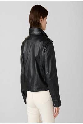 women's black lambskin leather biker jacket snap button front closure 2