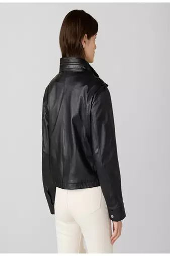 women's black lambskin leather biker jacket snap button front closure