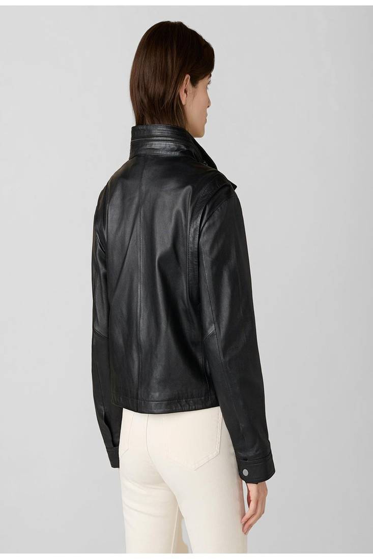 women's black lambskin leather biker jacket snap button front closure