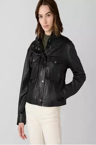 women's black lambskin leather biker jacket snap button front closure