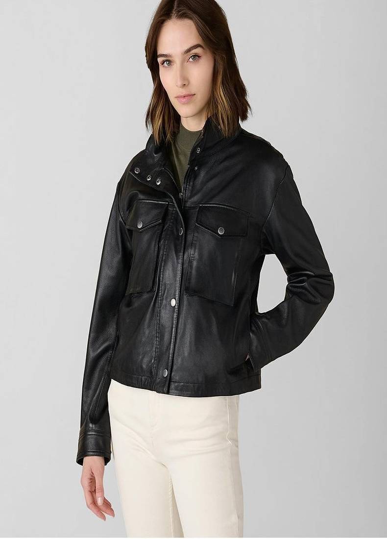 women's black lambskin leather biker jacket snap button front closure