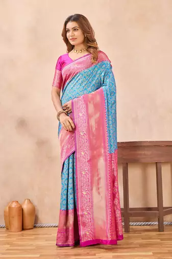 pink silk blend banarasi saree with unstitched blouse piece