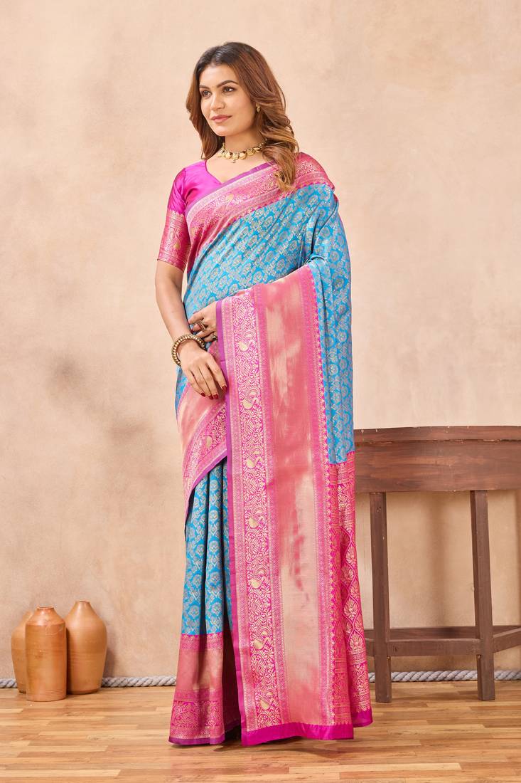 pink silk blend banarasi saree with unstitched blouse piece