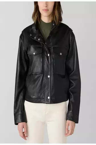 women's black lambskin leather biker jacket snap button front closure