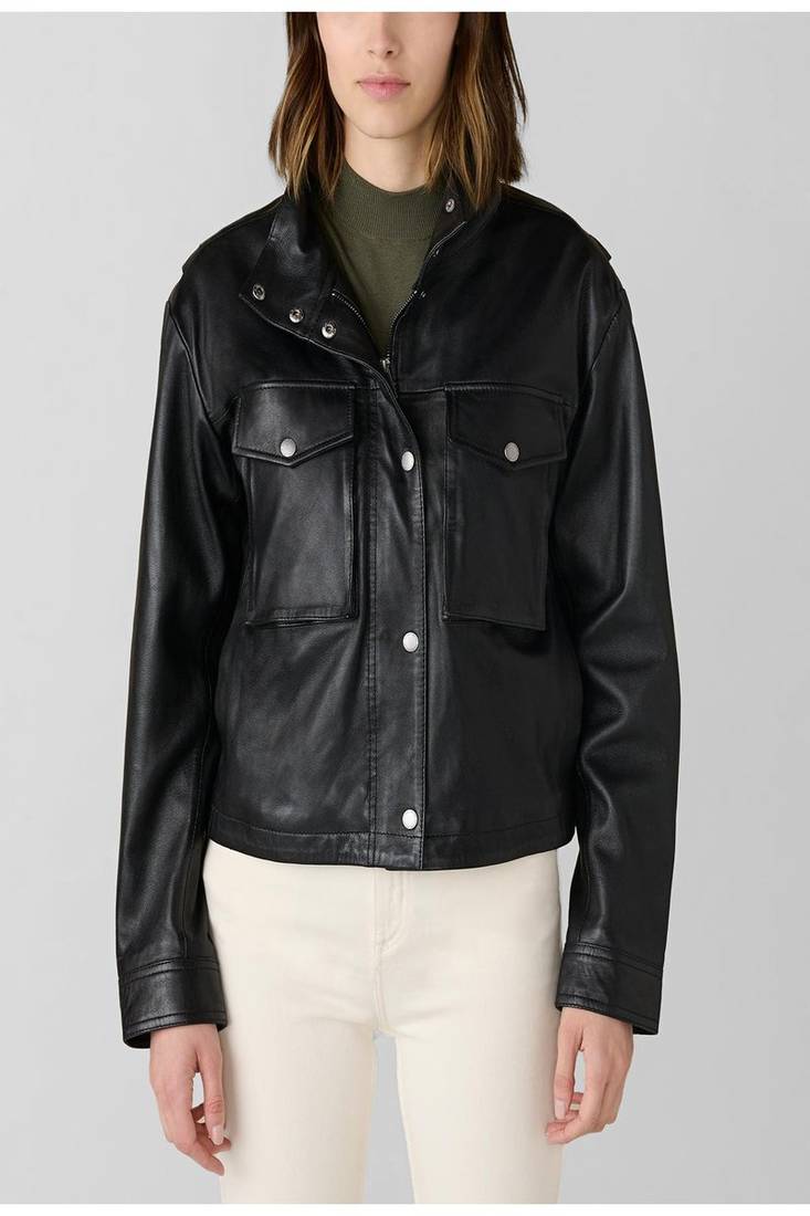 women's black lambskin leather biker jacket snap button front closure