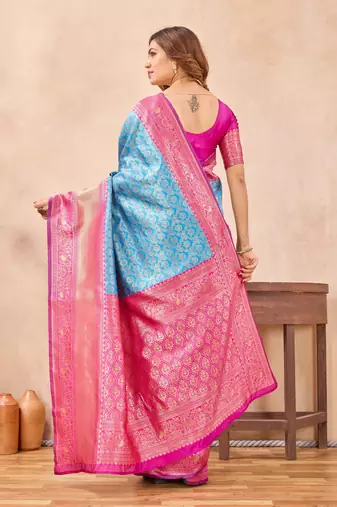 pink silk blend banarasi saree with unstitched blouse piece